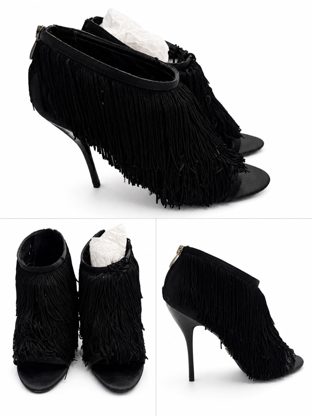 ABS Allen Schwartz Black Fringe Peep-Toe Stiletto Booties